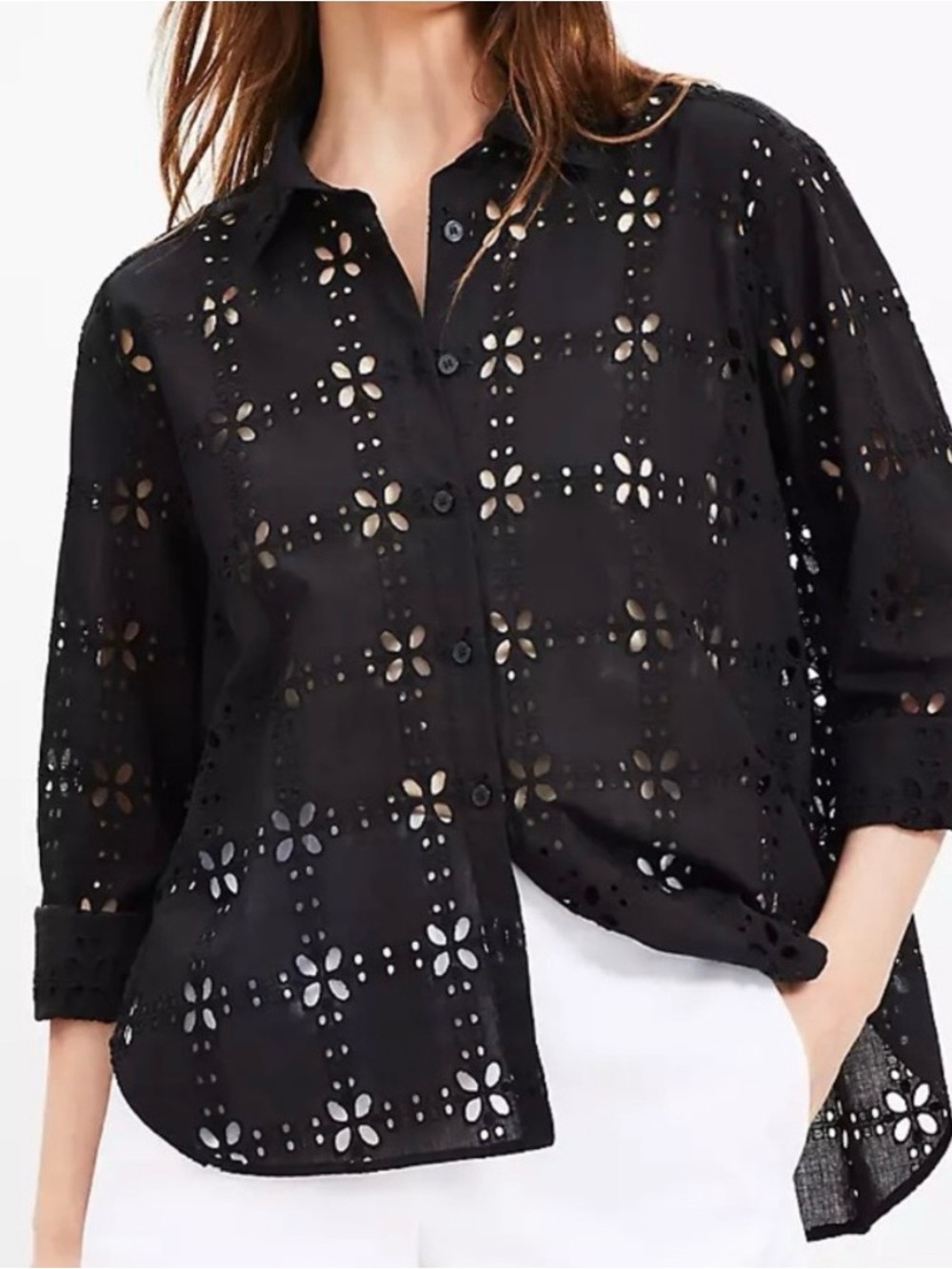 LOFT 100% Cotton Black Floral Eyelet Long Sleeve Button Down Blouse Shirt Boho L